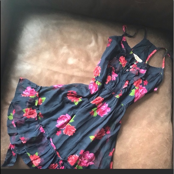 Hollister navy blue ruffle dress with roses - Picture 2 of 6